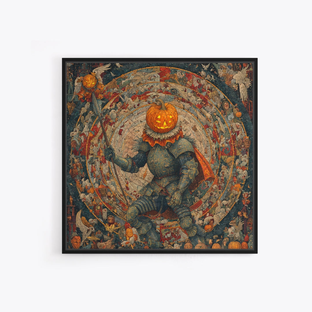 The Pumpkin Paladin, Grotesque Carnival Art, Square Wall Art, Dark Fantasy Wall Art, Canvas Print, Halloween Wall Art, Seasonal Home Decor