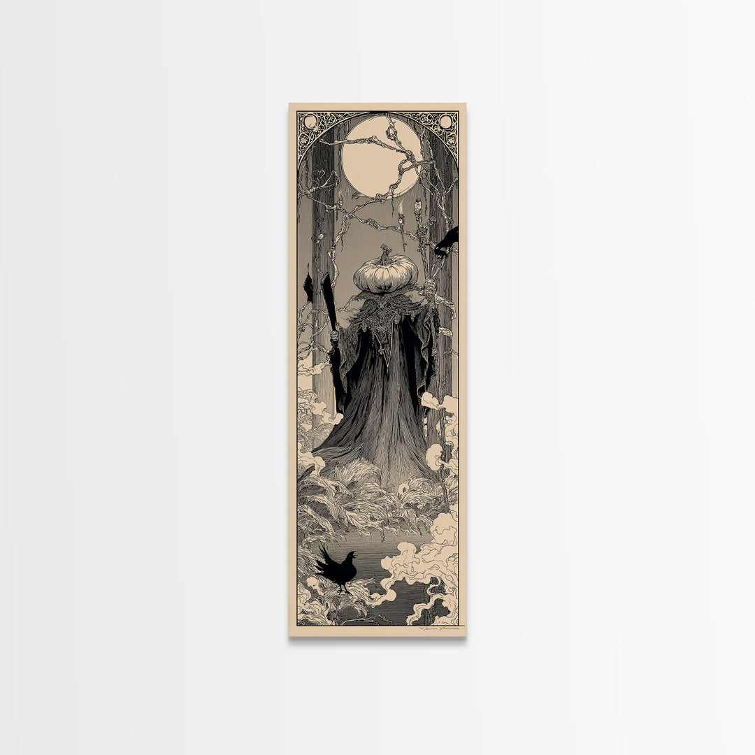 The Pumpkin Paladin, Decadent Line Art, Tall Narrow Wall Art, Gothic Horror Wall Art, Framed Canvas Print, Halloween Wall Art