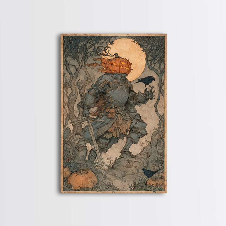 The Pumpkin Paladin, Gothic Storybook Art, Vertical Wall Art, Gothic Horror Wall Art, Canvas Print, Halloween Wall Art