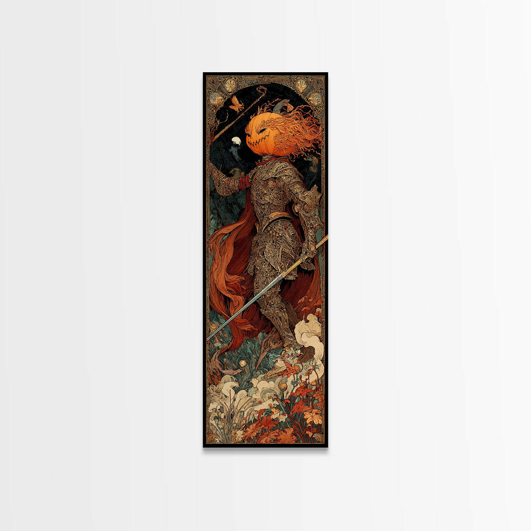 The Pumpkin Paladin, Stained Glass Gothic Art, Tall Narrow Wall Art, Dark Fantasy Wall Art, Canvas Print, Halloween Wall Art