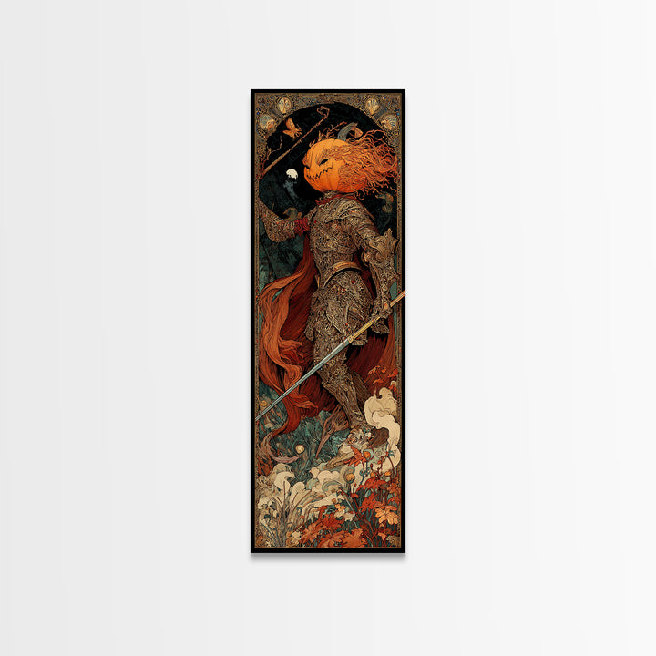 The Pumpkin Paladin, Stained Glass Gothic Art, Tall Narrow Wall Art, Dark Fantasy Wall Art, Canvas Print, Halloween Wall Art