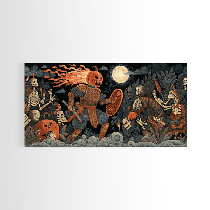 The Pumpkin Paladin, Macabre Folk Print Art, Wide Panoramic Art, Macabre Wall Art, Framed Canvas Print, Halloween Wall Art