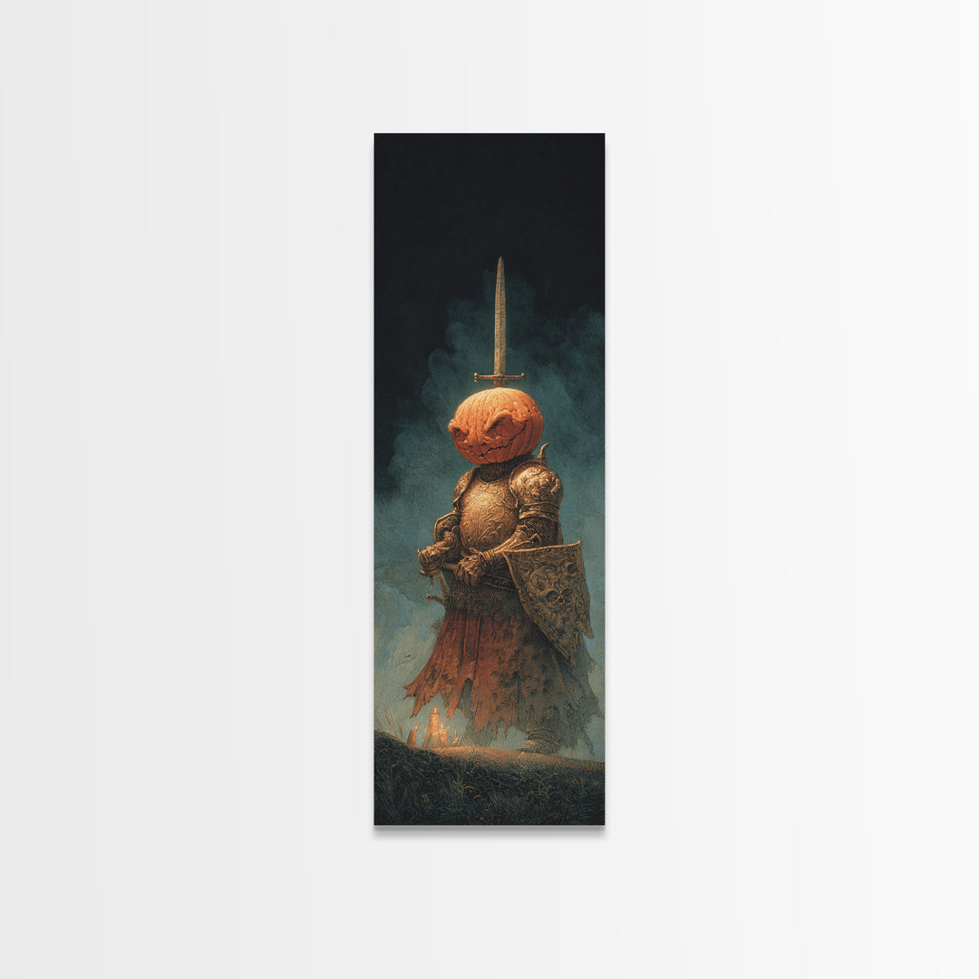 The Pumpkin Paladin, Surreal Apocalyptic Art, Tall Narrow Wall Art, Dark Fantasy Wall Art, Framed Canvas Print, Halloween Wall Art