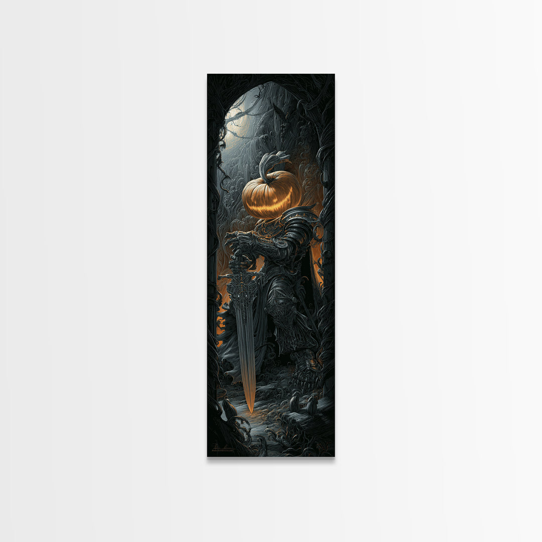 The Pumpkin Paladin, Biomechanical Horror Art, Tall Narrow Wall Art, Dark Fantasy Wall Art, Canvas Print, Halloween Wall Art