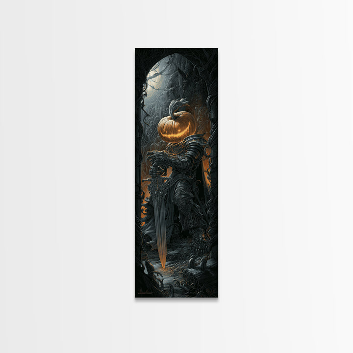The Pumpkin Paladin, Biomechanical Horror Art, Tall Narrow Wall Art, Dark Fantasy Wall Art, Canvas Print, Halloween Wall Art