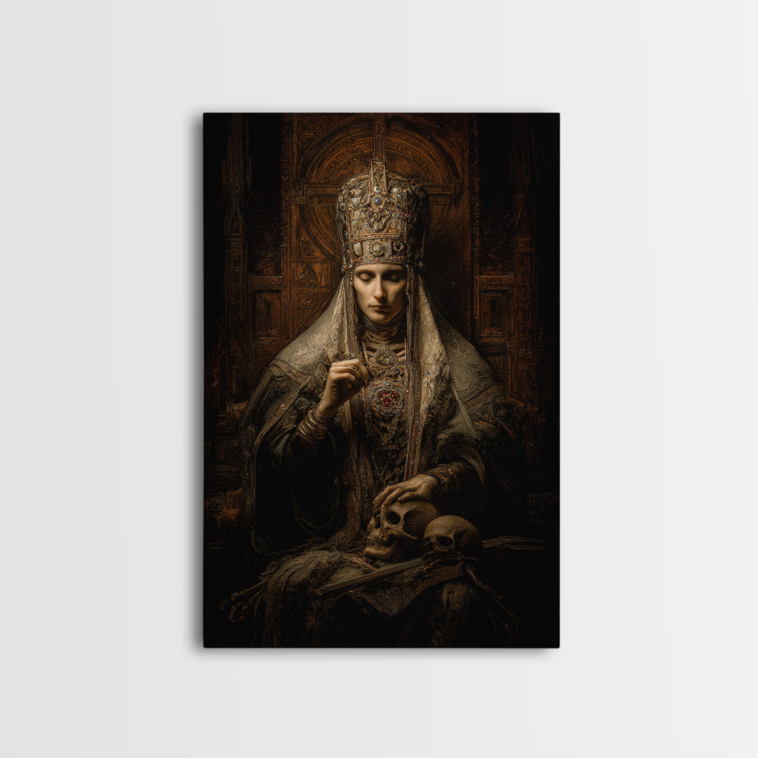 The Necromancer Queen, Ornate Symbolist Art, Vertical Wall Art, Dark Halloween Decor, Canvas Print, Halloween Wall Art