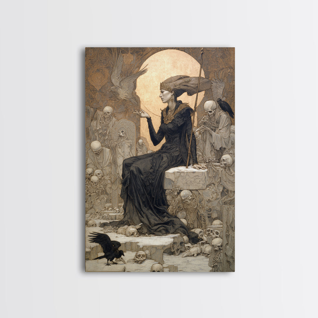 The Necromancer Queen, Symbolist Death Art, Vertical Wall Art, Dark Halloween Decor, Framed Canvas Print, Halloween Wall Art