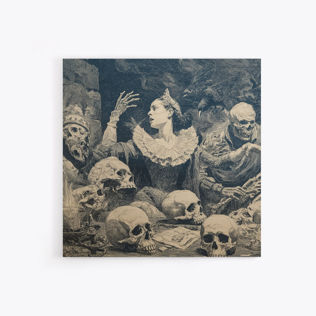 The Necromancer Queen, Symbolist Etching Art, Square Wall Art, Dark Halloween Decor, Canvas Print, Halloween Wall Art, Statement Wall Art