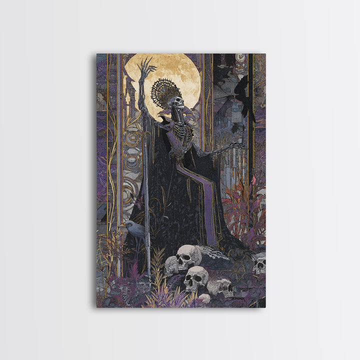 The Necromancer Queen, Stained Glass Gothic Art, Vertical Wall Art, Dark Halloween Decor, Framed Canvas Print, Halloween Wall Art