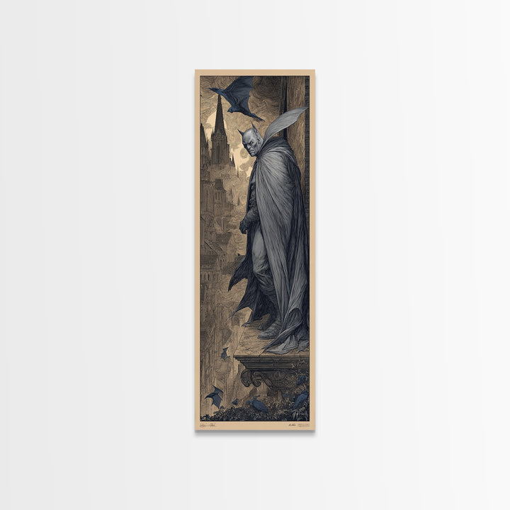 The Bat Prince, Gothic Engraving Art, Tall Narrow Wall Art, Dark Fantasy Wall Art, Framed Canvas Print, Halloween Wall Art