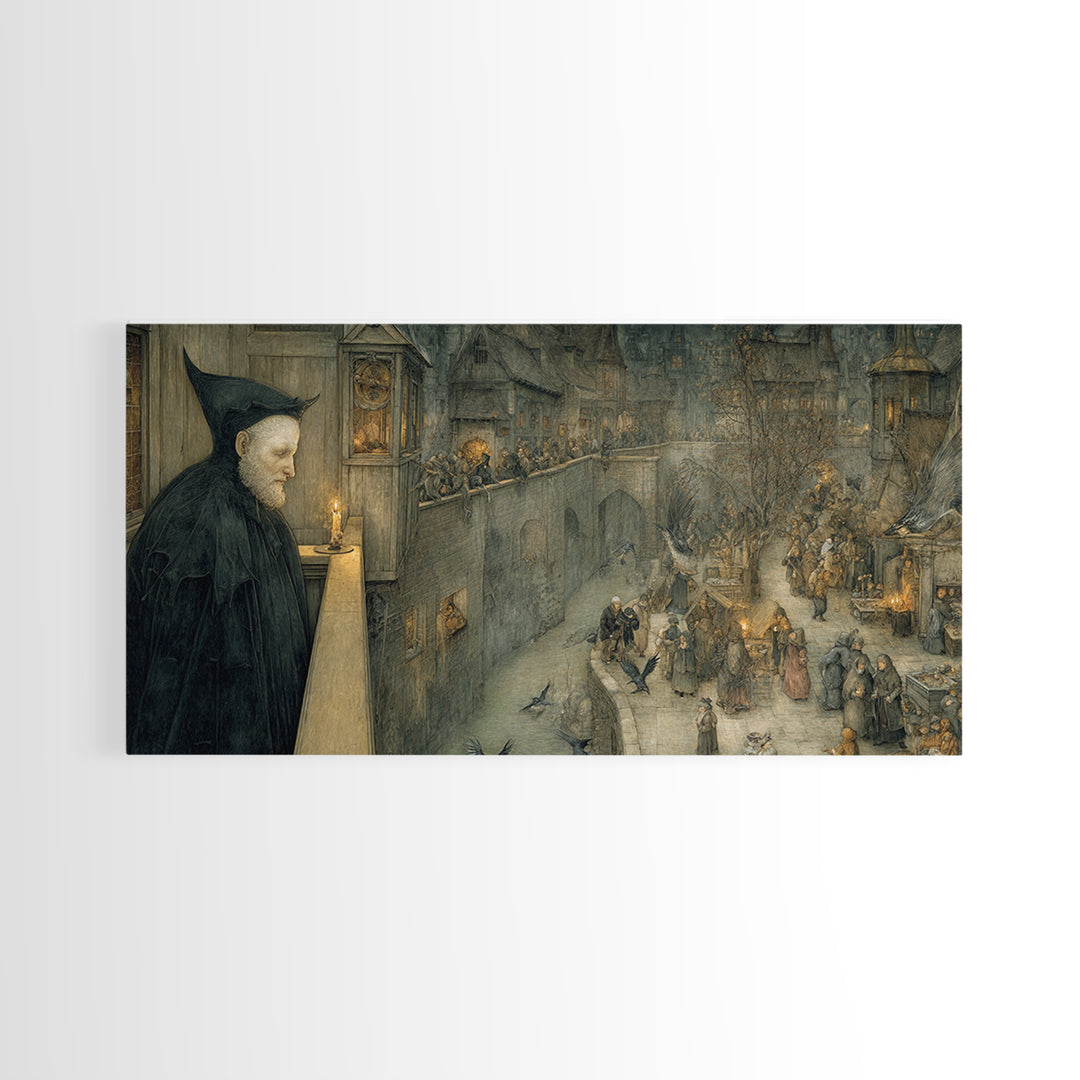 The Bat Prince, Northern Renaissance Horror, Wide Panoramic Art, Gothic Horror Wall Art, Canvas Print, Halloween Wall Art