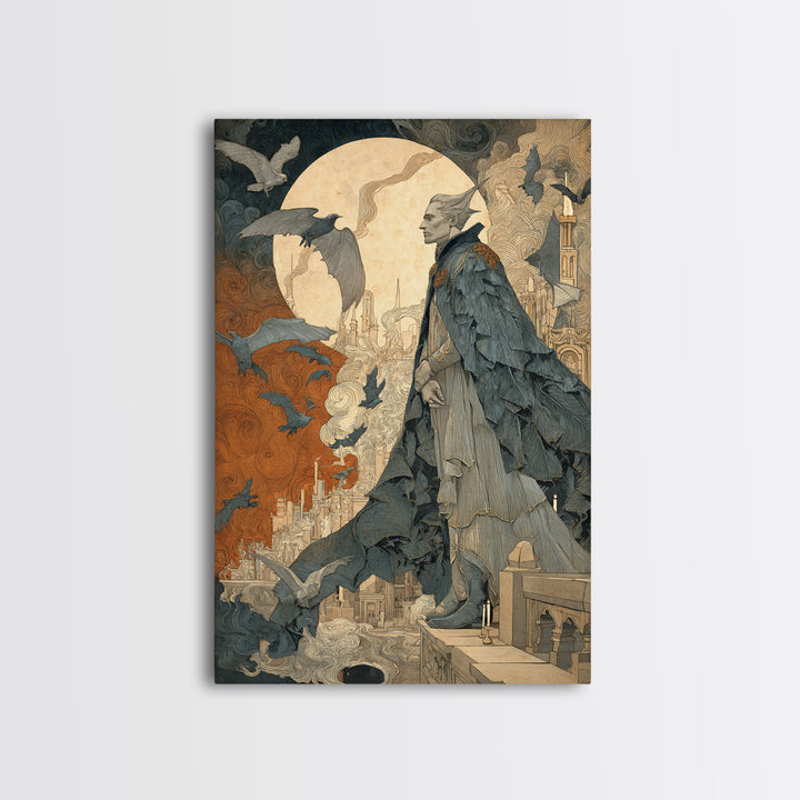The Bat Prince, Symbolist Etching Art, Vertical Wall Art, Gothic Horror Wall Art, Canvas Print, Halloween Wall Art, Seasonal Home Decor