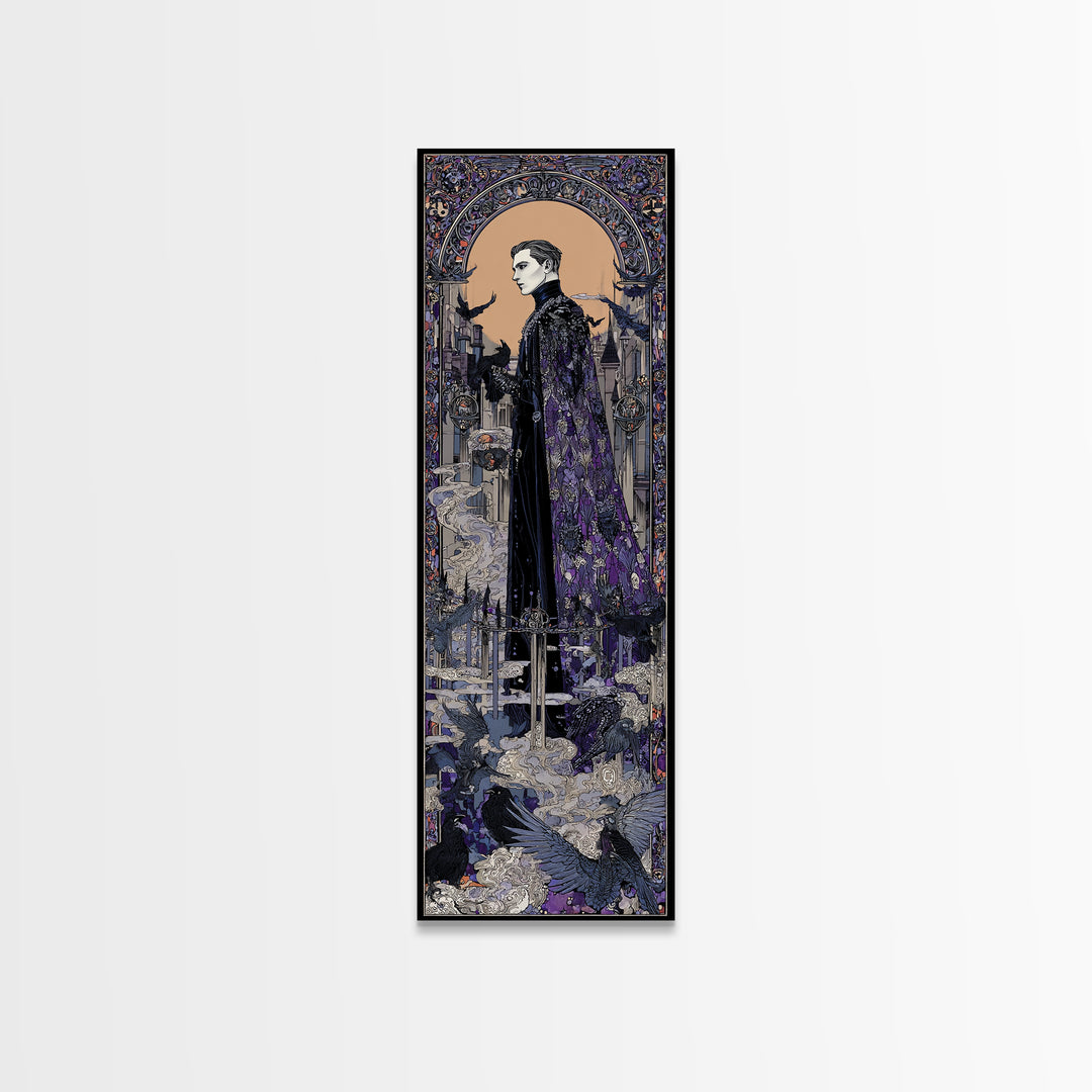 The Bat Prince, Stained Glass Gothic Art, Tall Narrow Wall Art, Macabre Wall Art, Framed Canvas Print, Halloween Wall Art