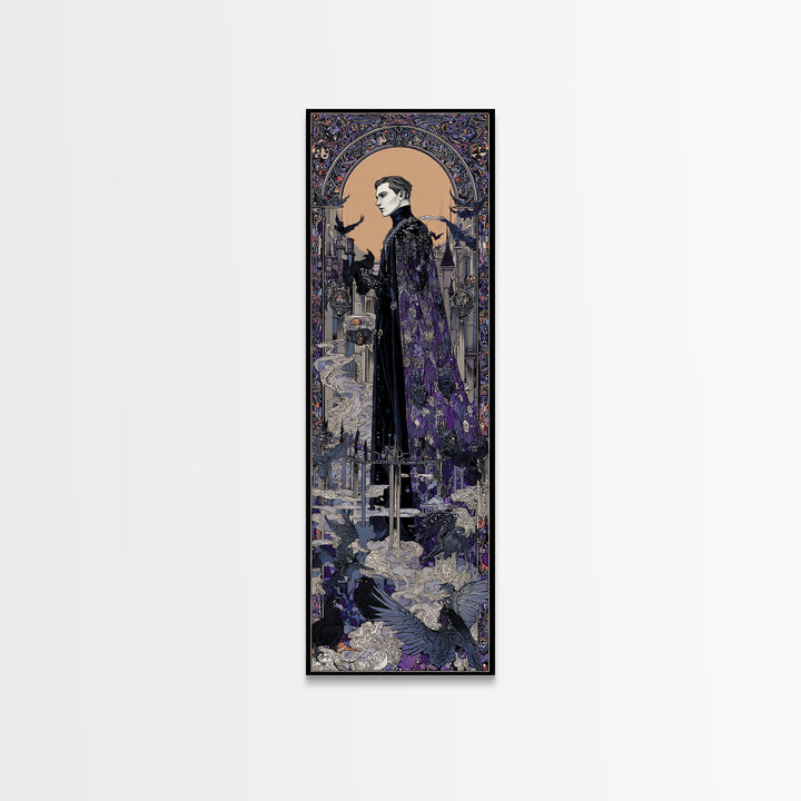 The Bat Prince, Stained Glass Gothic Art, Tall Narrow Wall Art, Macabre Wall Art, Framed Canvas Print, Halloween Wall Art