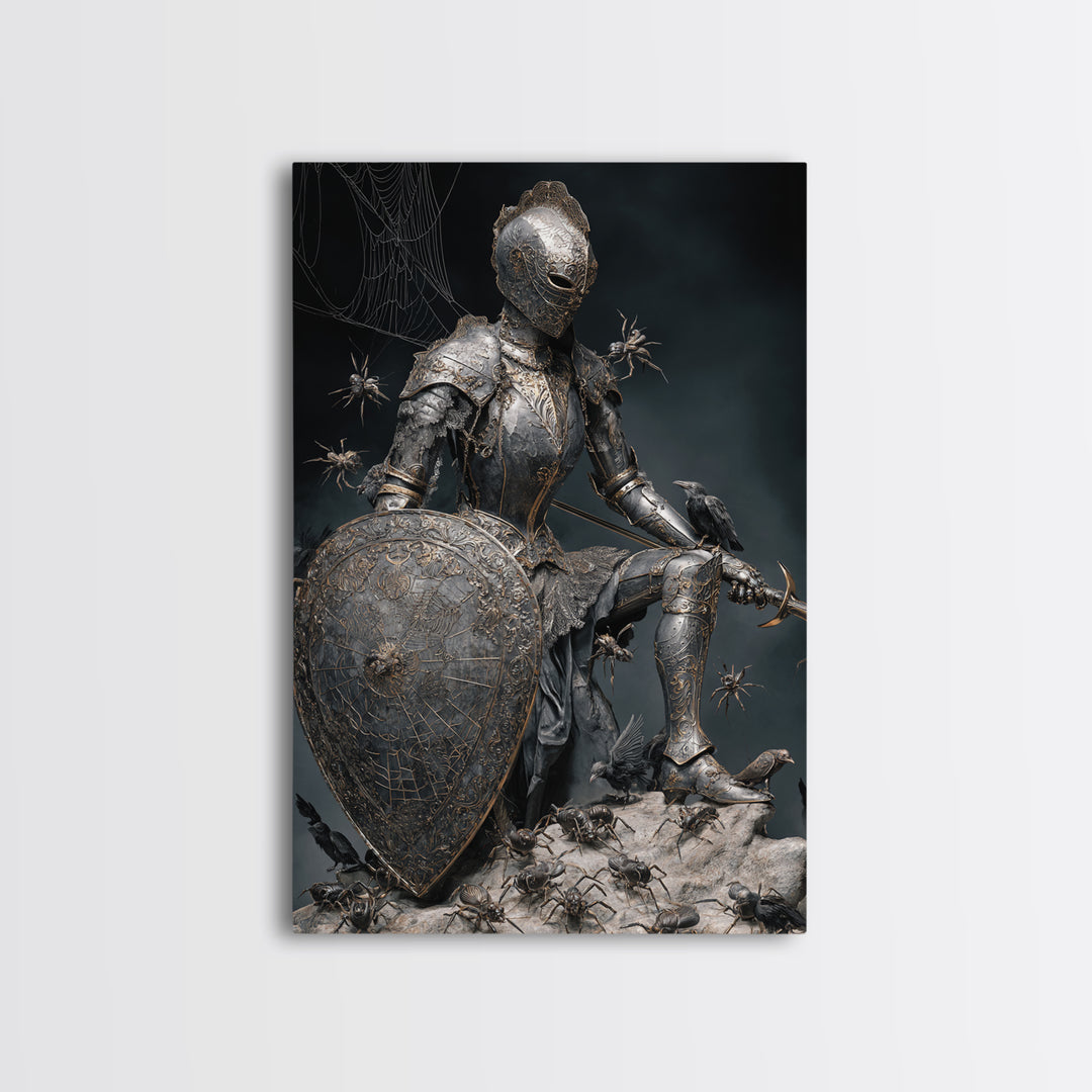 The Spider Knight, Visionary Gothic Art, Vertical Wall Art, Dark Halloween Decor, Framed Canvas Print, Halloween Wall Art