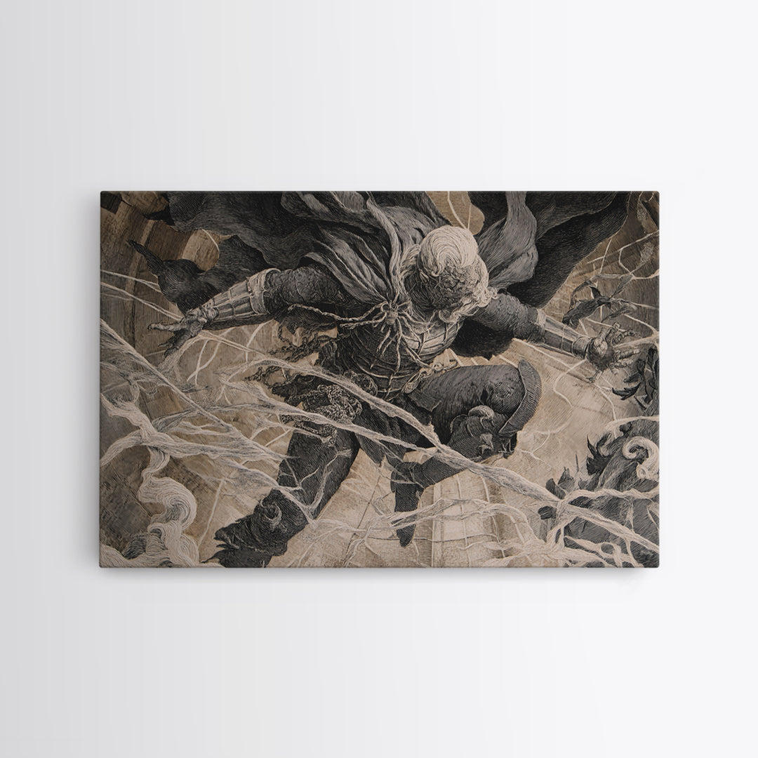 The Spider Knight, Architectural Etching Art, Landscape Wall Art, Macabre Wall Art, Framed Canvas Print, Halloween Wall Art