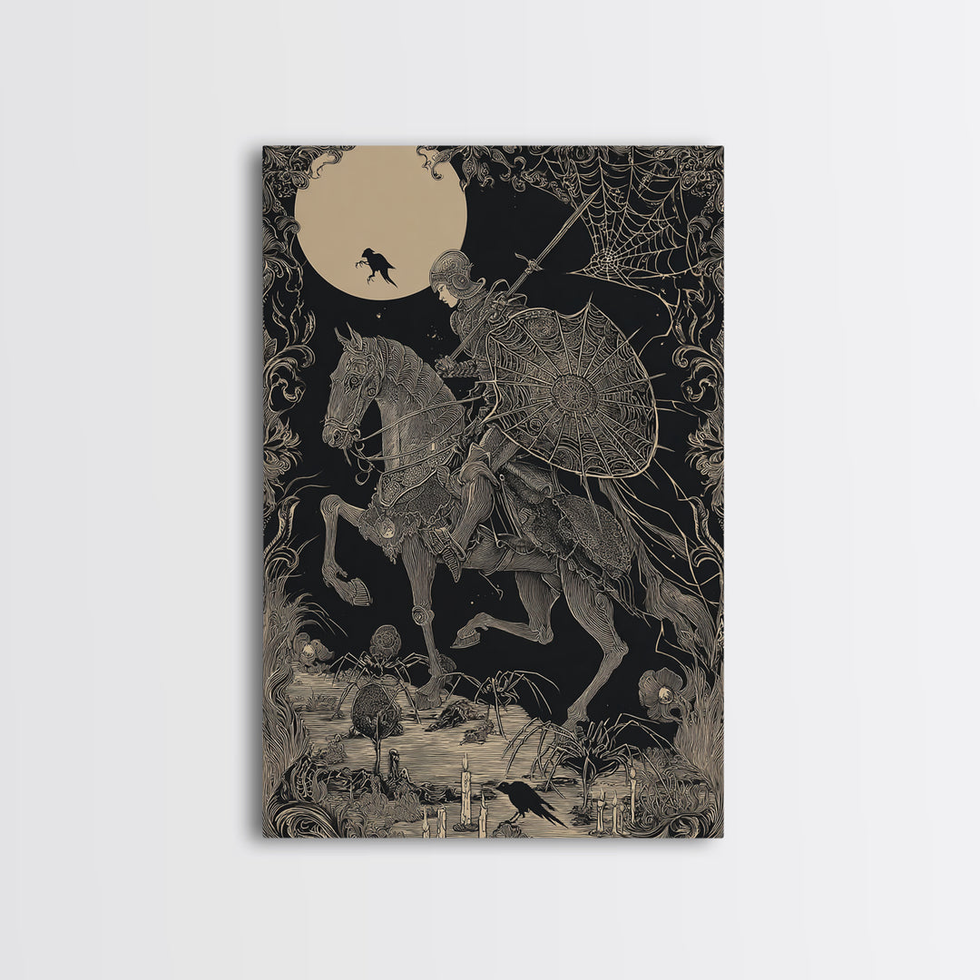 The Spider Knight, Decadent Line Art, Vertical Wall Art, Macabre Wall Art, Framed Canvas Print, Halloween Wall Art
