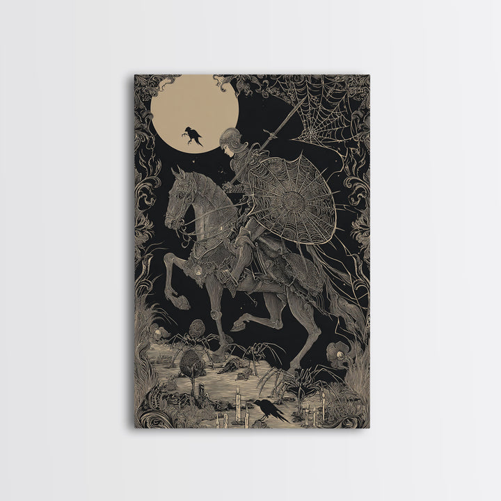 The Spider Knight, Decadent Line Art, Vertical Wall Art, Macabre Wall Art, Framed Canvas Print, Halloween Wall Art