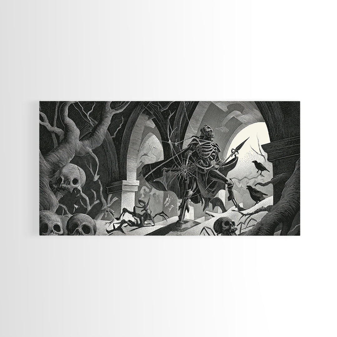 The Spider Knight, Macabre Folk Print Art, Wide Panoramic Art, Gothic Horror Wall Art, Framed Canvas Print, Halloween Wall Art