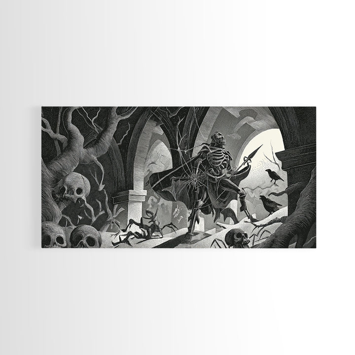 The Spider Knight, Macabre Folk Print Art, Wide Panoramic Art, Gothic Horror Wall Art, Framed Canvas Print, Halloween Wall Art