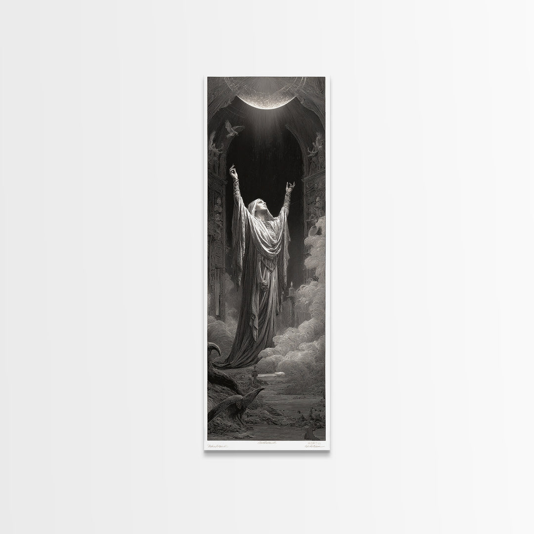 The Moon Priestess, Gothic Engraving Art, Tall Narrow Wall Art, Gothic Horror Wall Art, Canvas Print, Halloween Wall Art