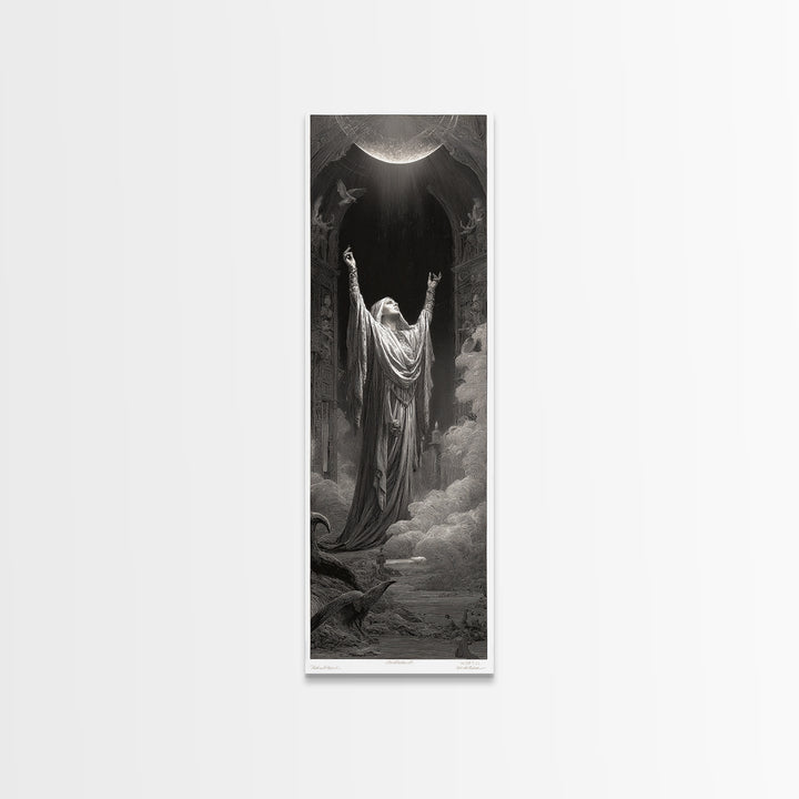 The Moon Priestess, Gothic Engraving Art, Tall Narrow Wall Art, Gothic Horror Wall Art, Canvas Print, Halloween Wall Art