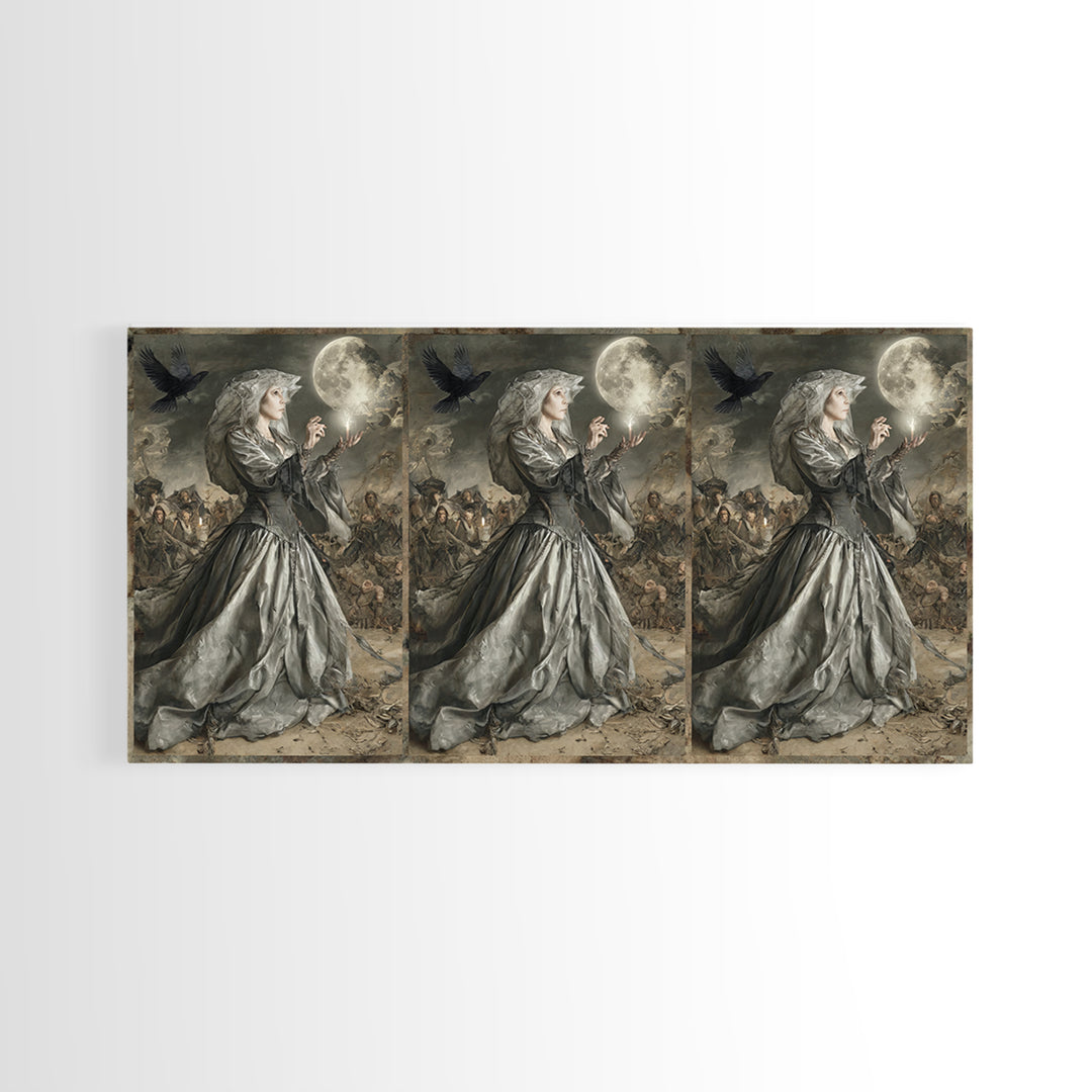 The Moon Priestess, Northern Renaissance Horror, Wide Panoramic Art, Macabre Wall Art, Framed Canvas Print, Halloween Wall Art