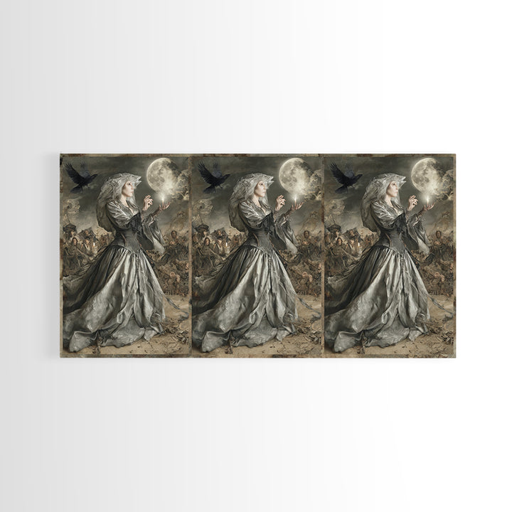 The Moon Priestess, Northern Renaissance Horror, Wide Panoramic Art, Macabre Wall Art, Framed Canvas Print, Halloween Wall Art