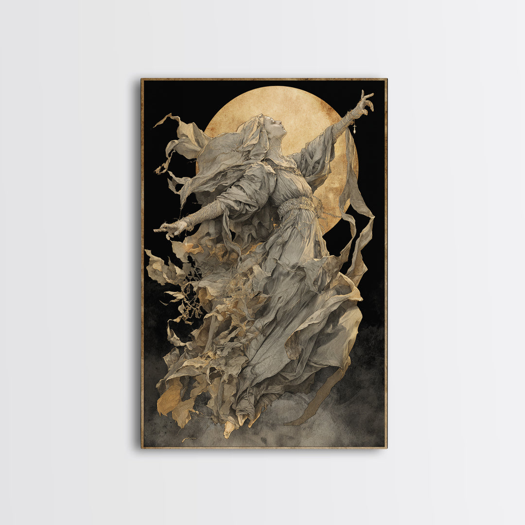 The Moon Priestess, Dark Renaissance Art, Vertical Wall Art, Dark Halloween Decor, Canvas Print, Halloween Wall Art