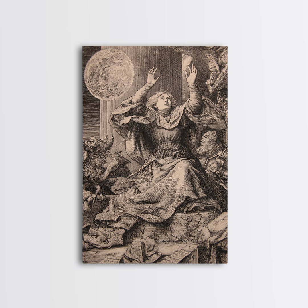 The Moon Priestess, Renaissance Engraving Art, Vertical Wall Art, Macabre Wall Art, Framed Canvas Print, Halloween Wall Art