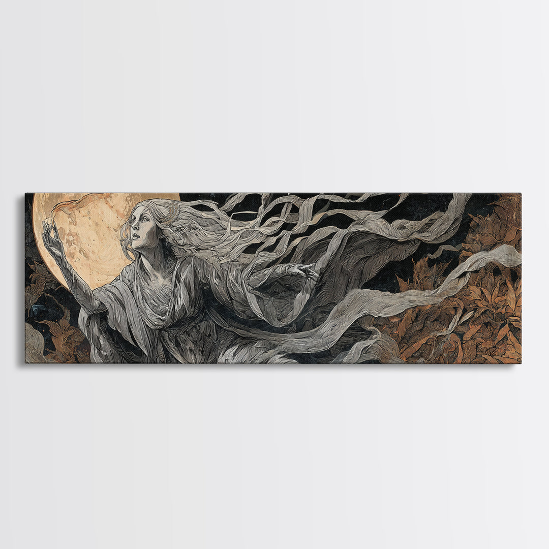 The Moon Priestess, Visionary Gothic Art, Extra Wide Wall Art, Dark Fantasy Wall Art, Framed Canvas Print, Halloween Wall Art