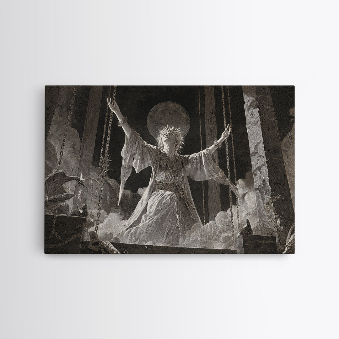 The Moon Priestess, Architectural Etching Art, Landscape Wall Art, Dark Fantasy Wall Art, Canvas Print, Halloween Wall Art