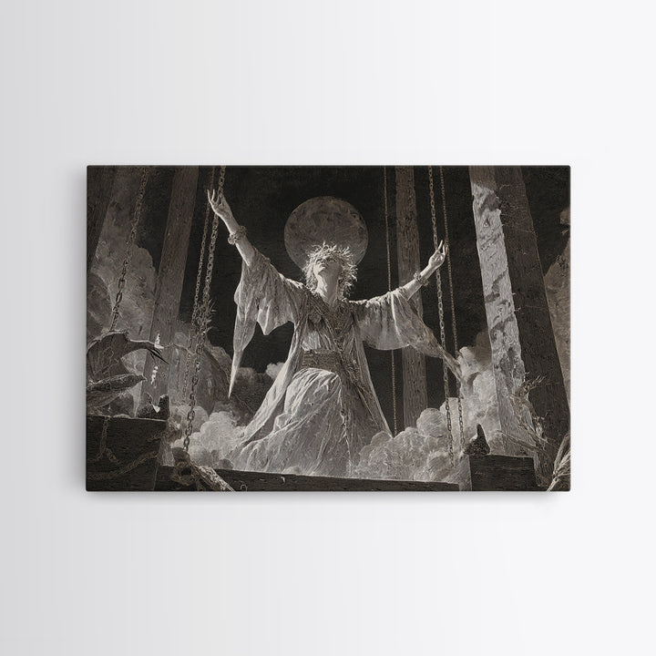 The Moon Priestess, Architectural Etching Art, Landscape Wall Art, Dark Fantasy Wall Art, Canvas Print, Halloween Wall Art