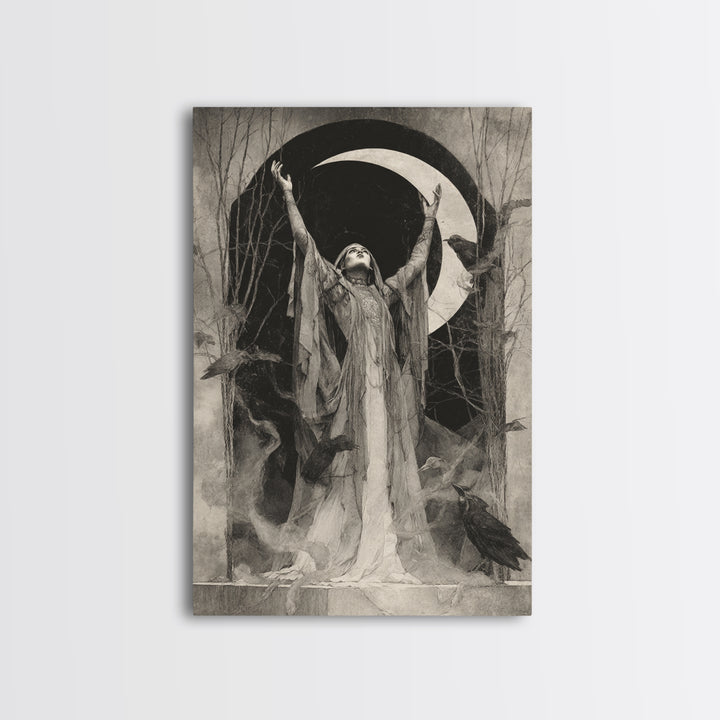 The Moon Priestess, Symbolist Dream Art, Vertical Wall Art, Macabre Wall Art, Framed Canvas Print, Halloween Wall Art