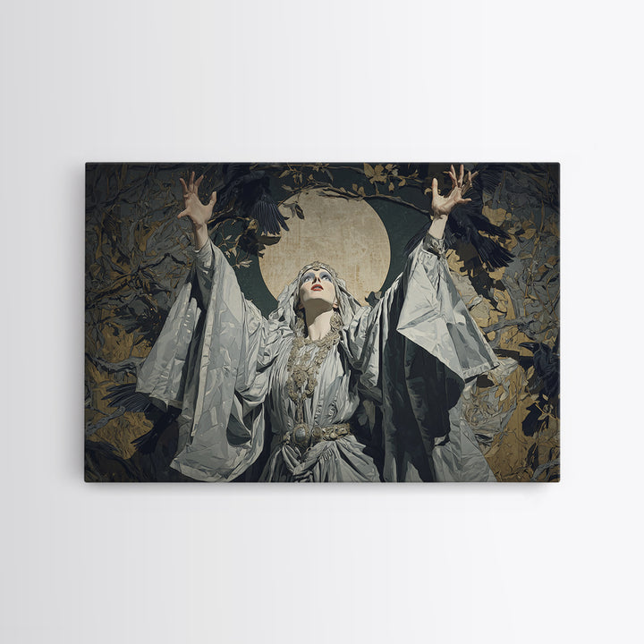 The Moon Priestess, Symbolist Etching Art, Landscape Wall Art, Dark Halloween Decor, Canvas Print, Halloween Wall Art