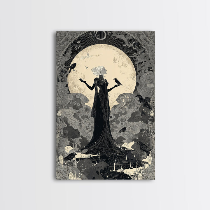 The Moon Priestess, Decadent Line Art, Vertical Wall Art, Gothic Horror Wall Art, Framed Canvas Print, Halloween Wall Art