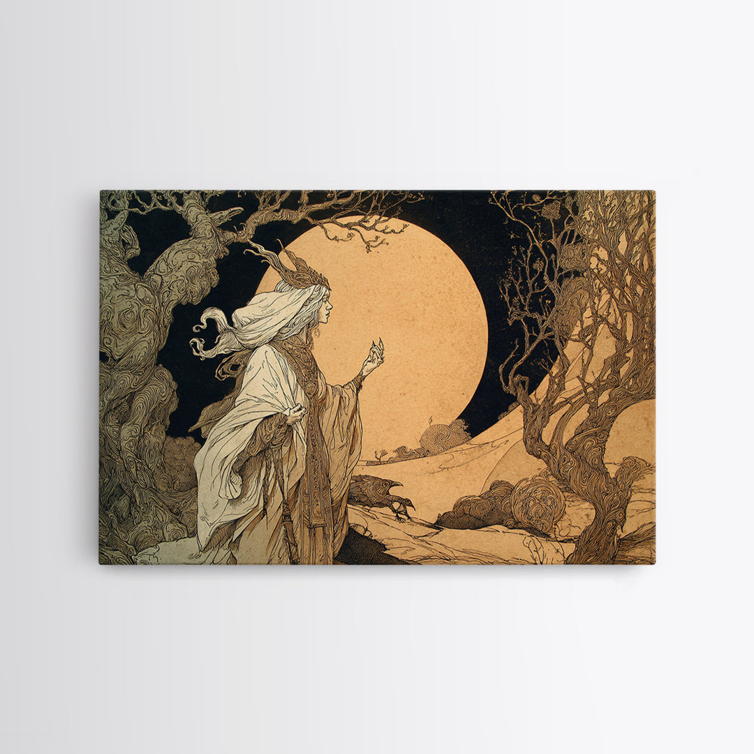 The Moon Priestess, Gothic Storybook Art, Landscape Wall Art, Macabre Wall Art, Framed Canvas Print, Halloween Wall Art