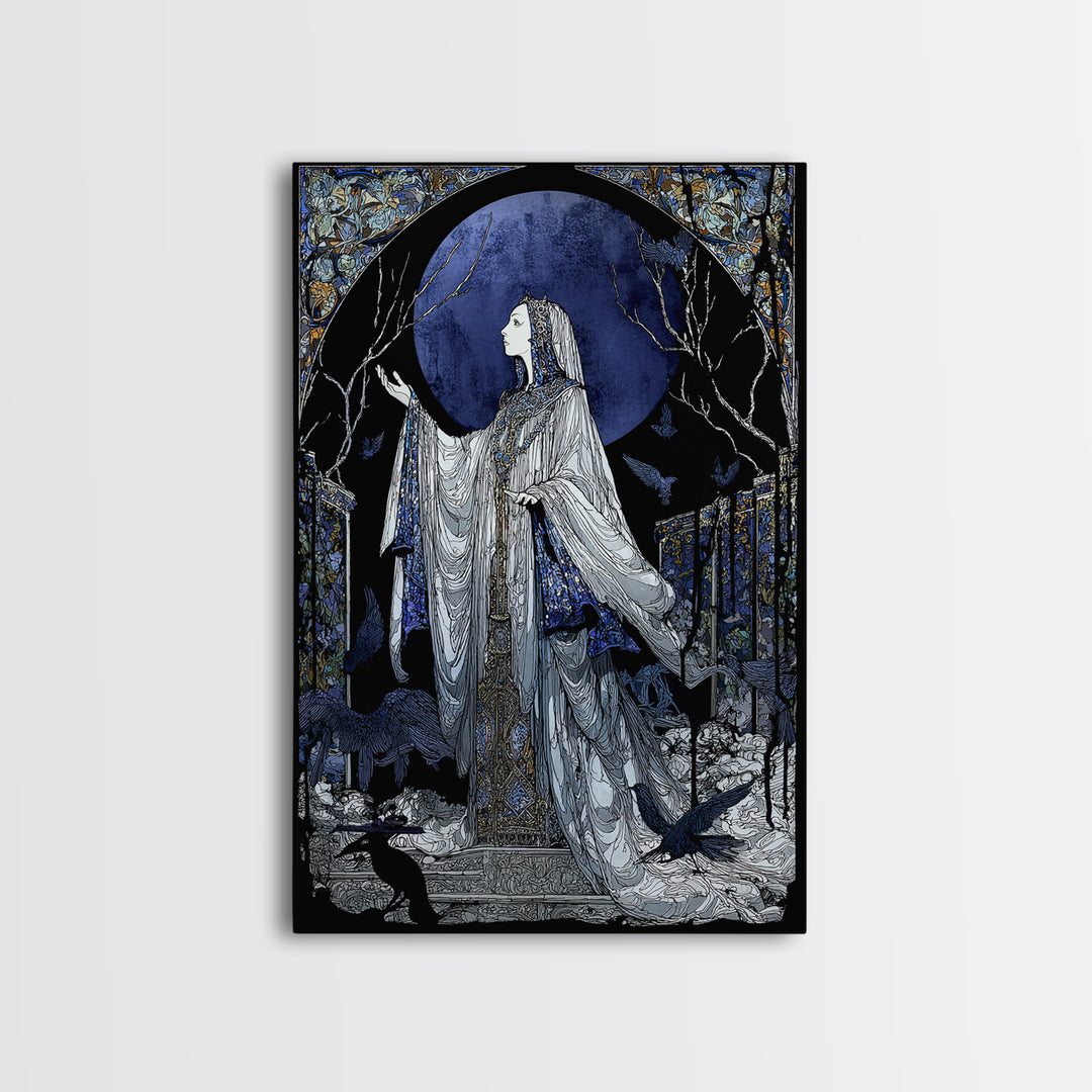 The Moon Priestess, Stained Glass Gothic Art, Vertical Wall Art, Macabre Wall Art, Framed Canvas Print, Halloween Wall Art
