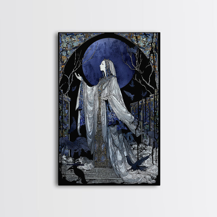The Moon Priestess, Stained Glass Gothic Art, Vertical Wall Art, Macabre Wall Art, Framed Canvas Print, Halloween Wall Art