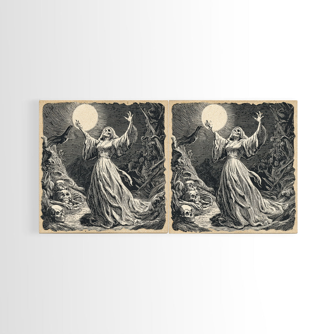 The Moon Priestess, Macabre Folk Print Art, Wide Panoramic Art, Macabre Wall Art, Canvas Print, Halloween Wall Art