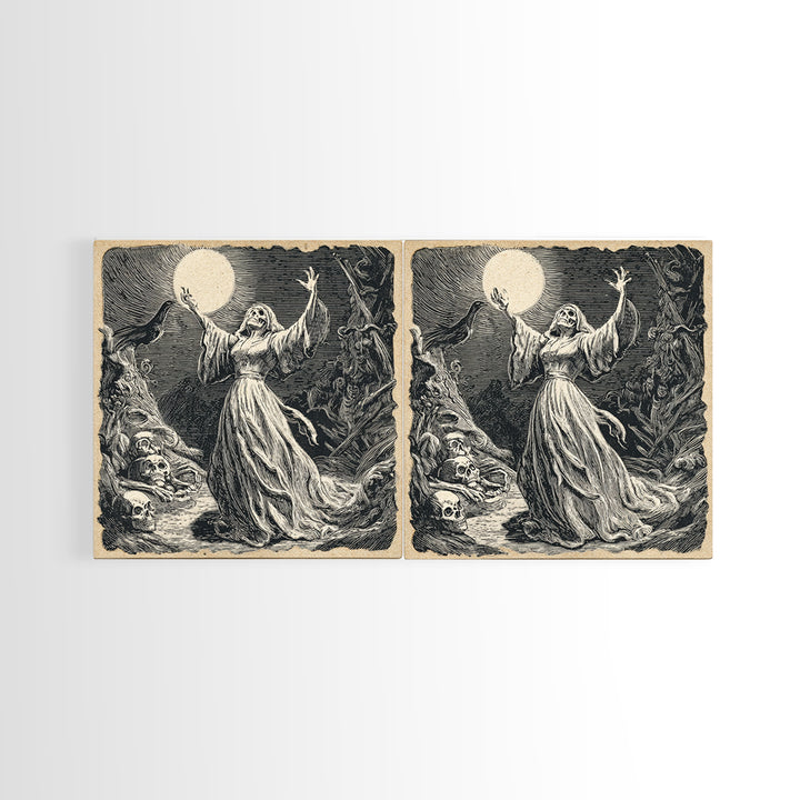 The Moon Priestess, Macabre Folk Print Art, Wide Panoramic Art, Macabre Wall Art, Canvas Print, Halloween Wall Art