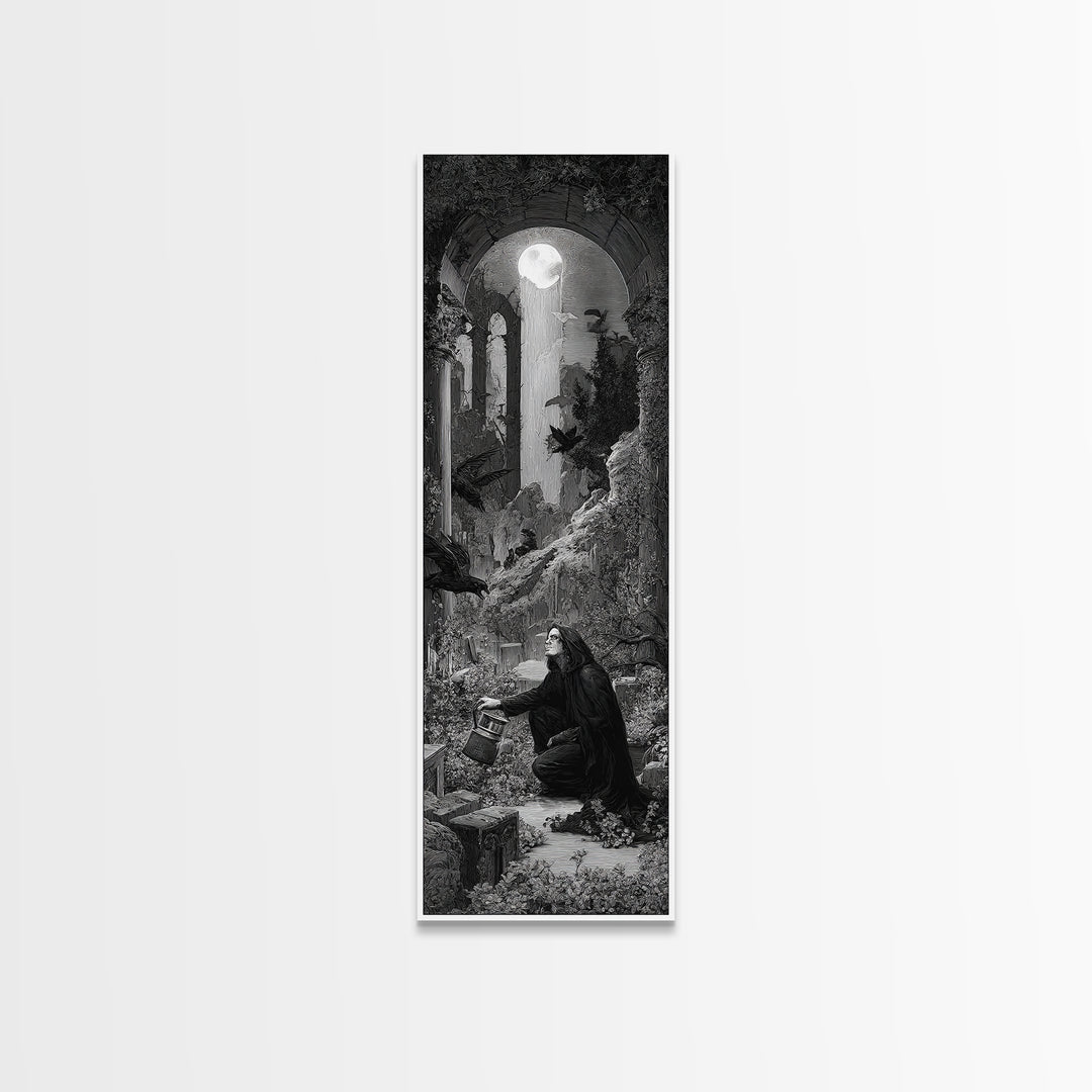 The Graveyard Gardener, Gothic Engraving Art, Tall Narrow Wall Art, Macabre Wall Art, Framed Canvas Print, Halloween Wall Art