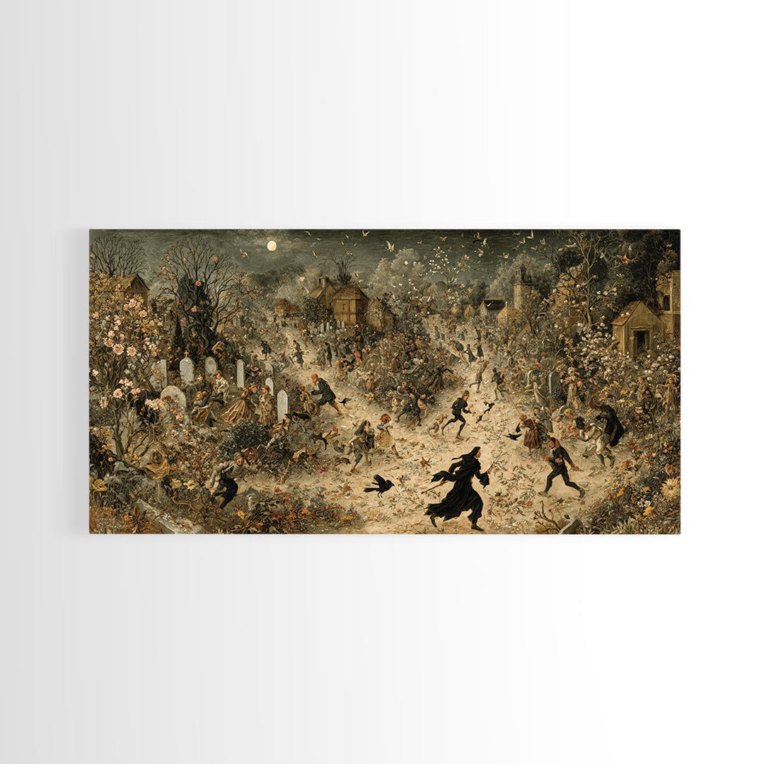 The Graveyard Gardener, Northern Renaissance Horror, Wide Panoramic Art, Gothic Horror Wall Art, Canvas Print, Halloween Wall Art