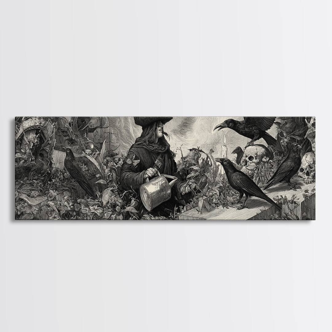 The Graveyard Gardener, Renaissance Engraving Art, Extra Wide Wall Art, Gothic Horror Wall Art, Canvas Print, Halloween Wall Art