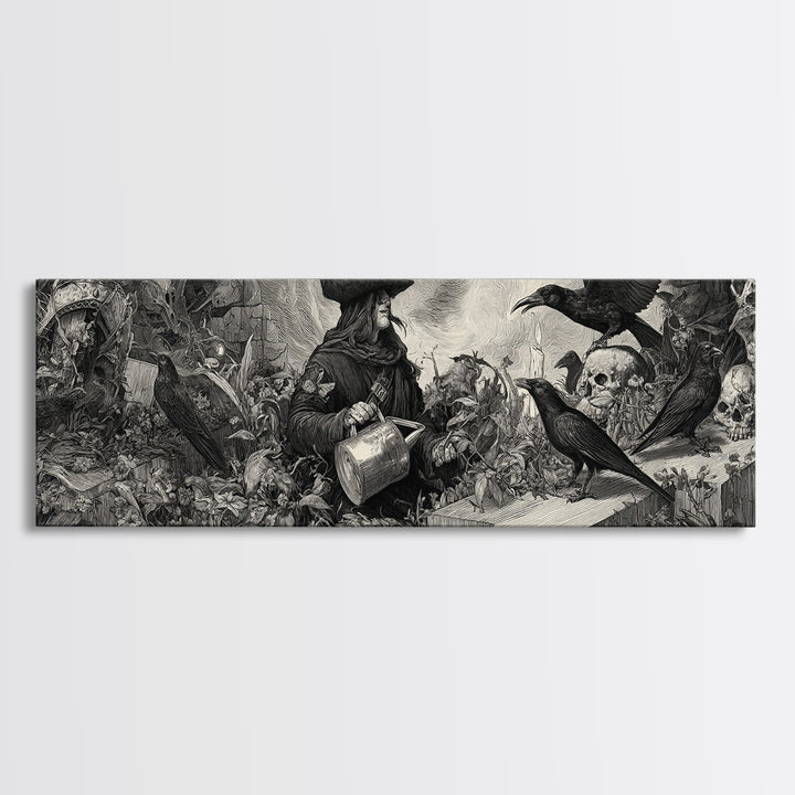 The Graveyard Gardener, Renaissance Engraving Art, Extra Wide Wall Art, Gothic Horror Wall Art, Canvas Print, Halloween Wall Art