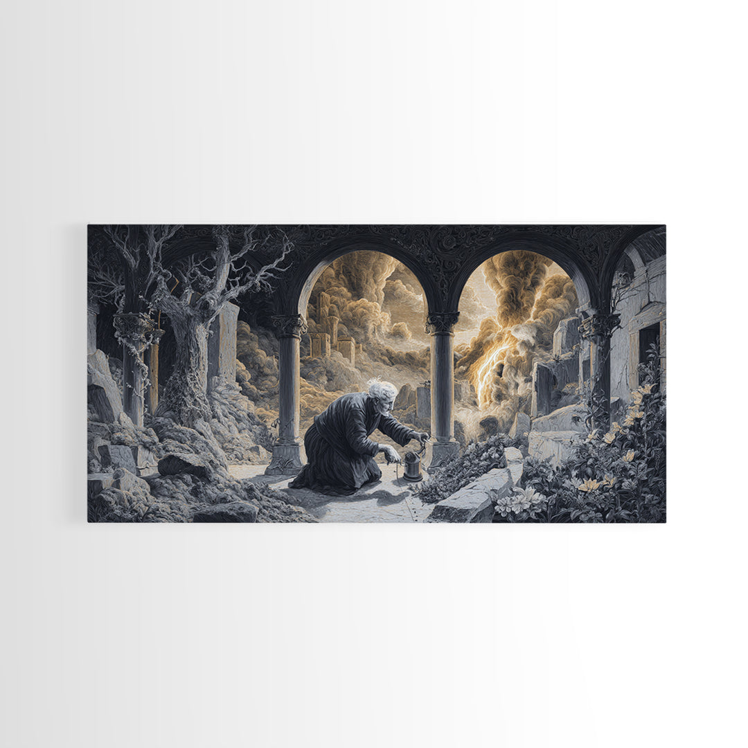 The Graveyard Gardener, Apocalyptic Romantic Art, Wide Panoramic Art, Dark Fantasy Wall Art, Framed Canvas Print, Halloween Wall Art
