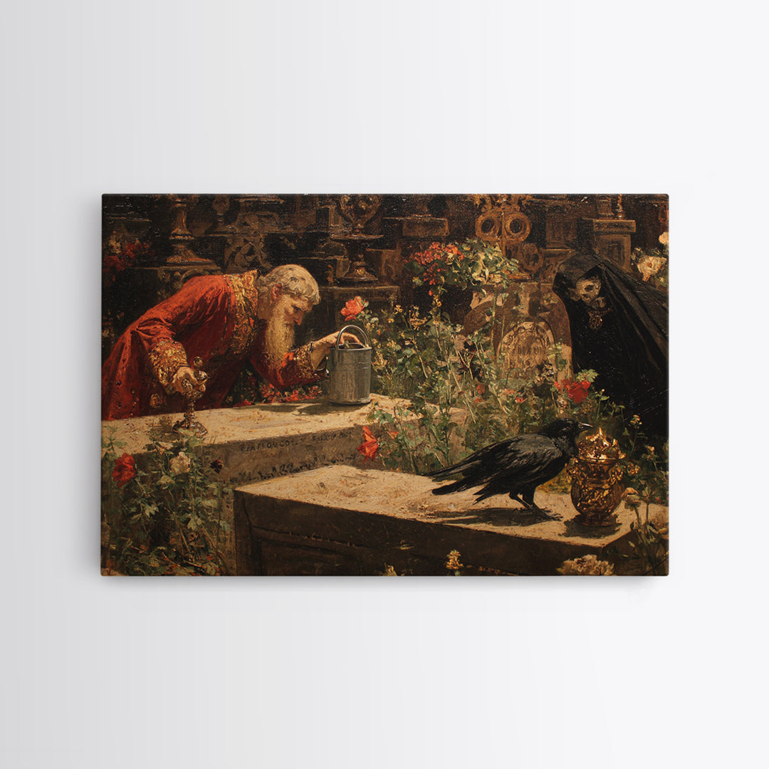 The Graveyard Gardener, Ornate Symbolist Art, Landscape Wall Art, Macabre Wall Art, Framed Canvas Print, Halloween Wall Art