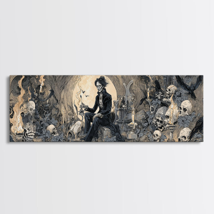 The Graveyard Gardener, Decadent Gothic Art, Extra Wide Wall Art, Dark Halloween Decor, Framed Canvas Print, Halloween Wall Art