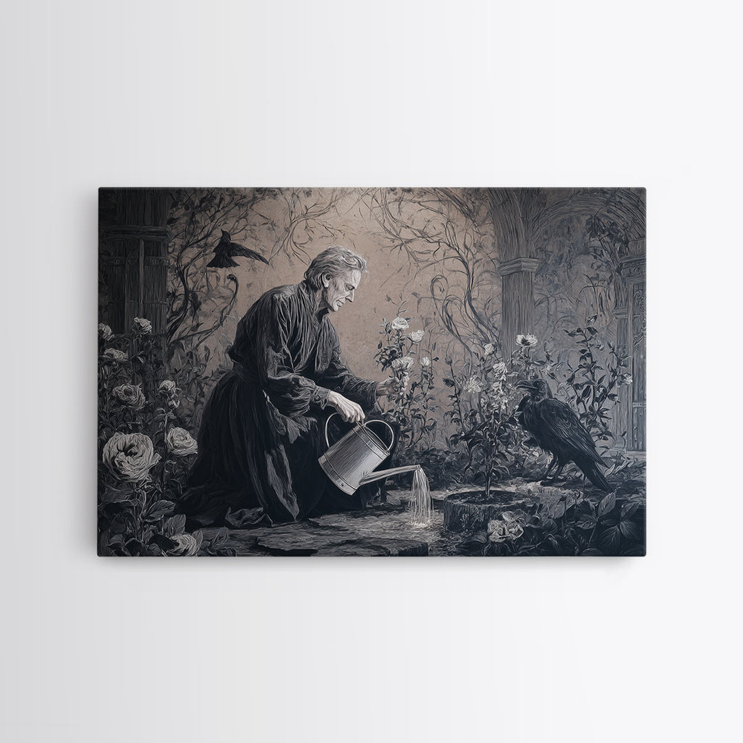 The Graveyard Gardener, Dark Symbolist Art, Landscape Wall Art, Dark Fantasy Wall Art, Framed Canvas Print, Halloween Wall Art