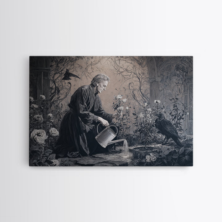 The Graveyard Gardener, Dark Symbolist Art, Landscape Wall Art, Dark Fantasy Wall Art, Framed Canvas Print, Halloween Wall Art